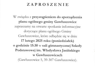 Przypomnienie o spotkaniu informacyjnym dotyczące - planu ogólnego Gminy Gawłuszowice