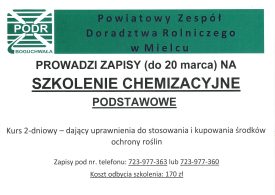 POWIATOWY ZESPÓŁ DORADZTWA ROLNICZEGO W MIELCU PROWADZI ZAPISY NA SZKOLENIE CHEMICZNE PODSTAWOWE