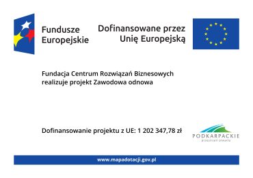 Fundacja Centrum Rozwiązań Biznesowych (Lider projektu) wraz z SOLVA sp. z o. o. realizują projekt „Zawodowa odnowa” który jest wspófinansowany ze środków Europejskiego Funduszu Społecznego Plus w ramach Programu Fundusze Europejskie dla Podkarpacia 2021-2027.