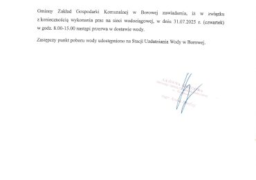 PRZERWA W DOSTAWIE WODY – OSTRÓWEK I GAWŁUSZOWICE
