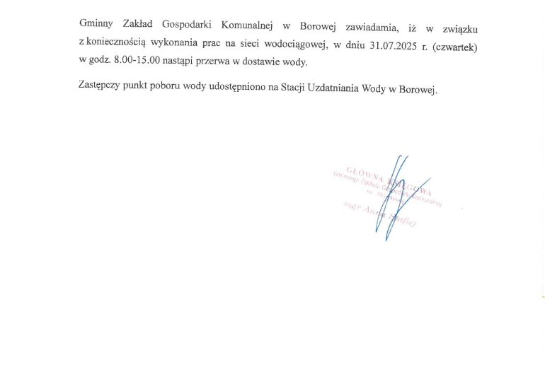 PRZERWA W DOSTAWIE WODY – OSTRÓWEK I GAWŁUSZOWICE