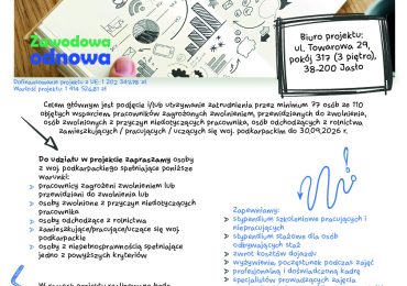 Fundacja Centrum Rozwiązań Biznesowych (Lider projektu) wraz z SOLVA Sp. z o.o. realizują projekt „Zawodowa odnowa”, współfinansowany ze środków Europejskiego Funduszu Społecznego Plus w ramach Programu Fundusze Europejskie dla Podkarpacia 2021–2027.