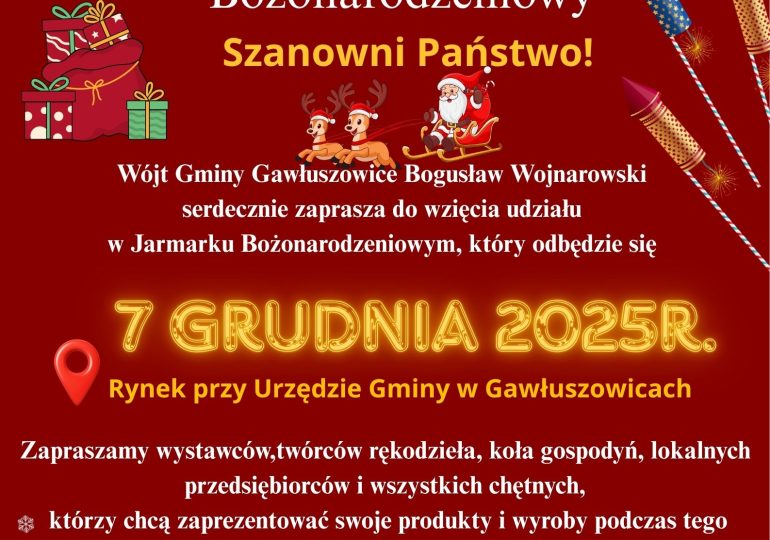 Zostań wystawcą Jarmarku Bożonarodzeniowego 2025 w Gawłuszowicach!