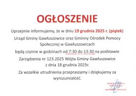 Ogłoszenie o skróconym czasie pracy Urzędu Gminy Gawłuszowice oraz Gminnego Ośrodka Pomocy Społecznej w Gawłuszowicach