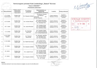 Harmonogram polowań Koła Łowieckiego "Bażant" Borowa, sezon 2026/2027